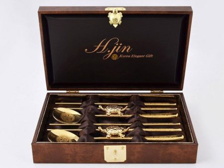 H.jin Jangsaeng Vacuum Gold Titanium Spoon Set (Sipjangsaeng Pattern) Recommended For Birthday Gifts Hot on Sale