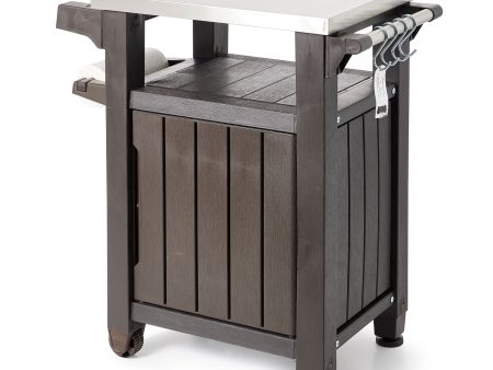 Keter Unity 40 Gal Patio Storage Grilling Bar Cart w  Stainless Steel Top, Brown Supply