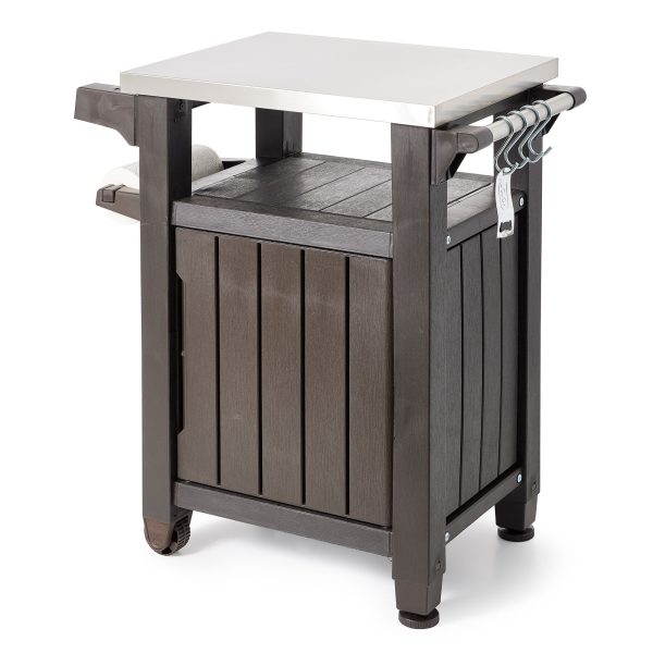 Keter Unity 40 Gal Patio Storage Grilling Bar Cart w  Stainless Steel Top, Brown Supply