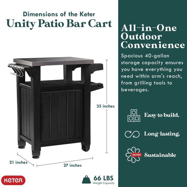 Keter Unity 40 Gal Patio Storage Grilling Bar Cart w  Stainless Steel Top, Brown Supply